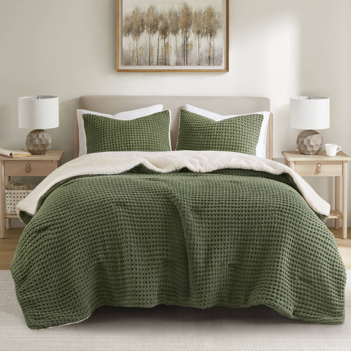 3 Pieces King/Cal King Waffle Knit Chenille Comforter Set,Olive