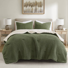 3 Pieces King/Cal King Waffle Knit Chenille Comforter Set,Olive
