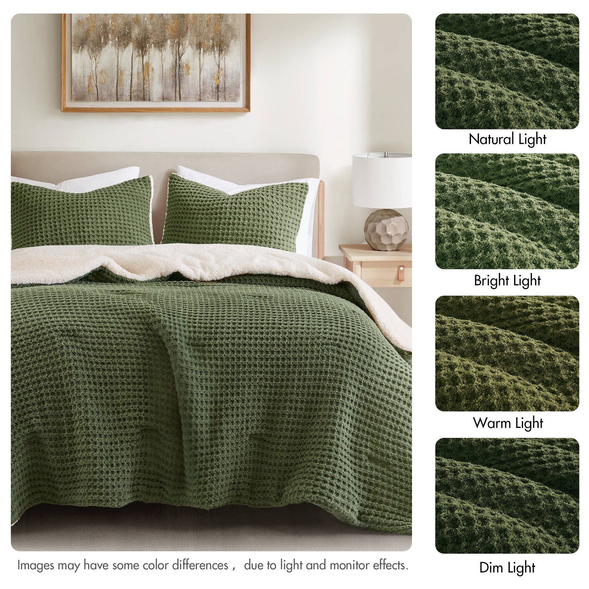 3 Pieces King/Cal King Waffle Knit Chenille Comforter Set,Olive
