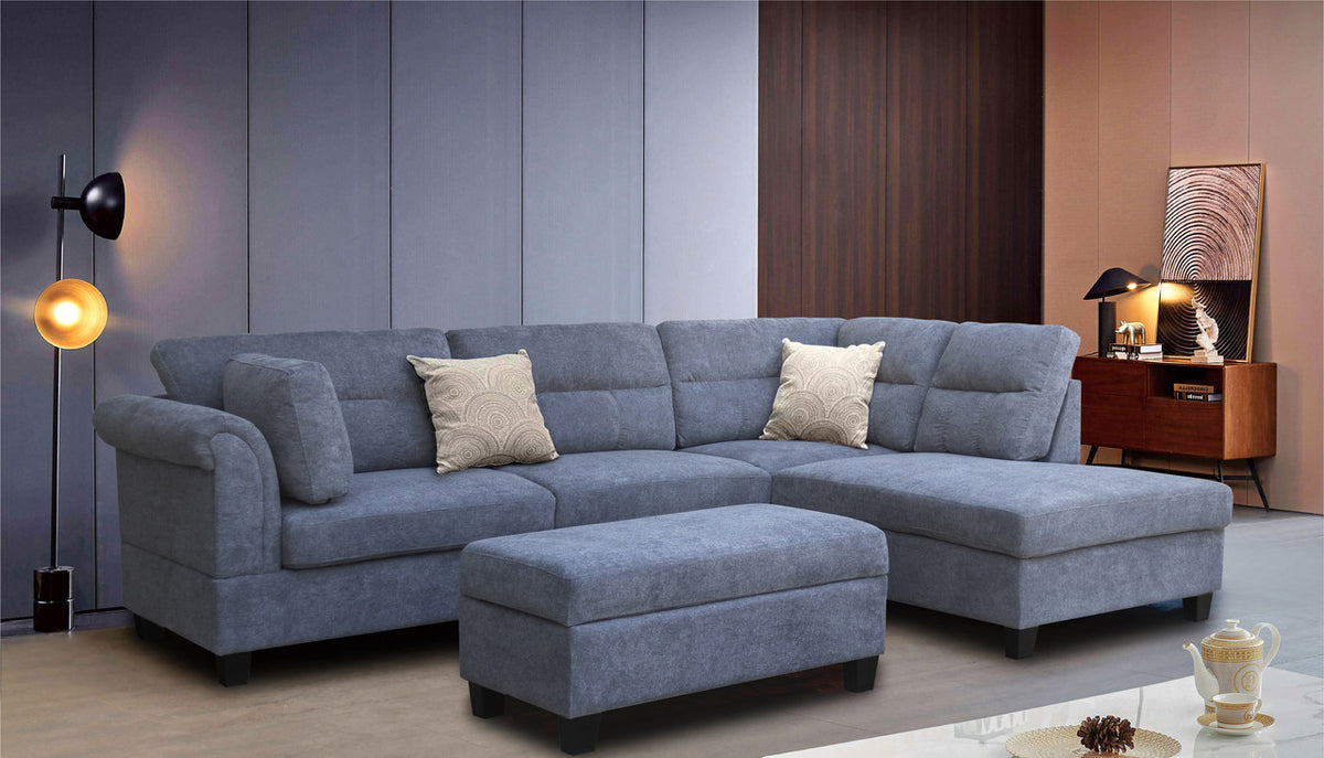 Domenico 100"W Gray Fabric Sectional Sofa with Right Facing Chaise, Storage Ottoman, and 2 Accent Pillows