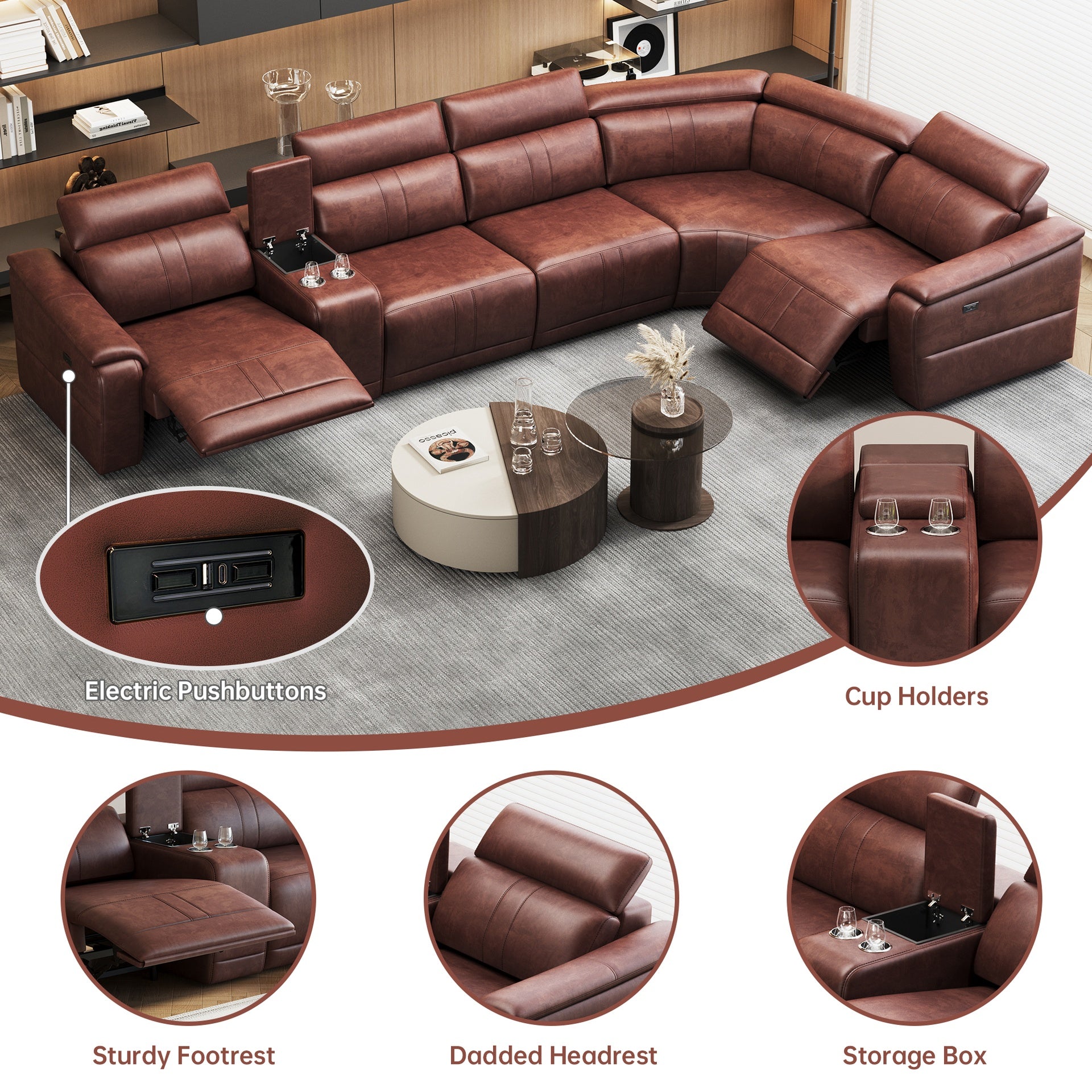 Power Recliner Sofa Set, Reclining Sectional Sofa with Adjustable Headrest & Power Recline, Breathable Leather with Storage Console & USB Ports, Easy Assembly Living Room Furniture Sets