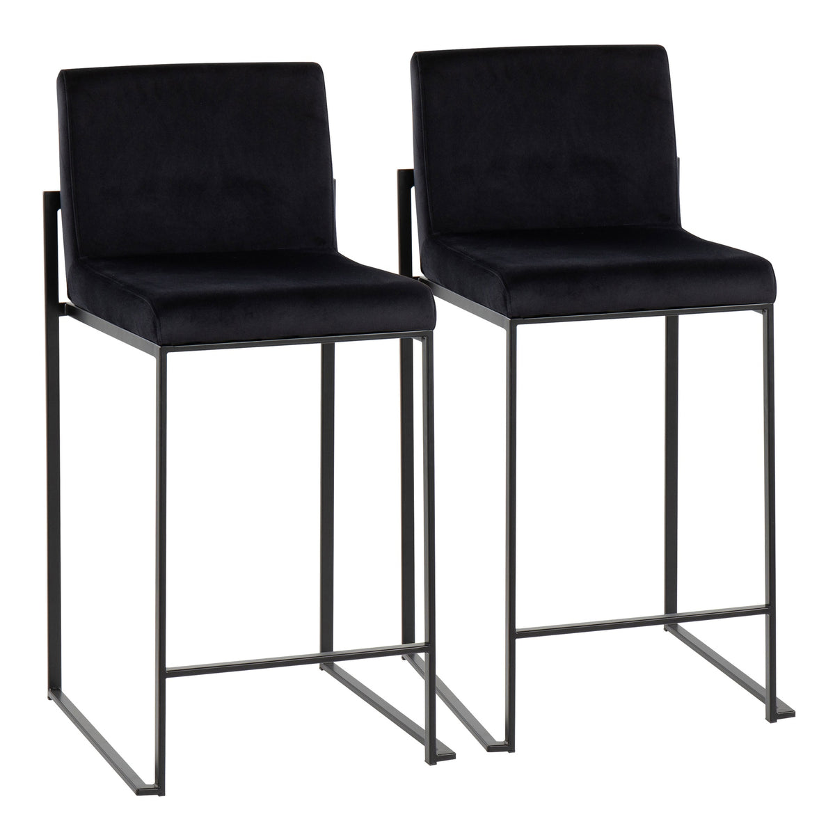 Fuji Contemporary High Back Counter Stool in Black Steel and Black Velvet by LumiSource - Set of 2