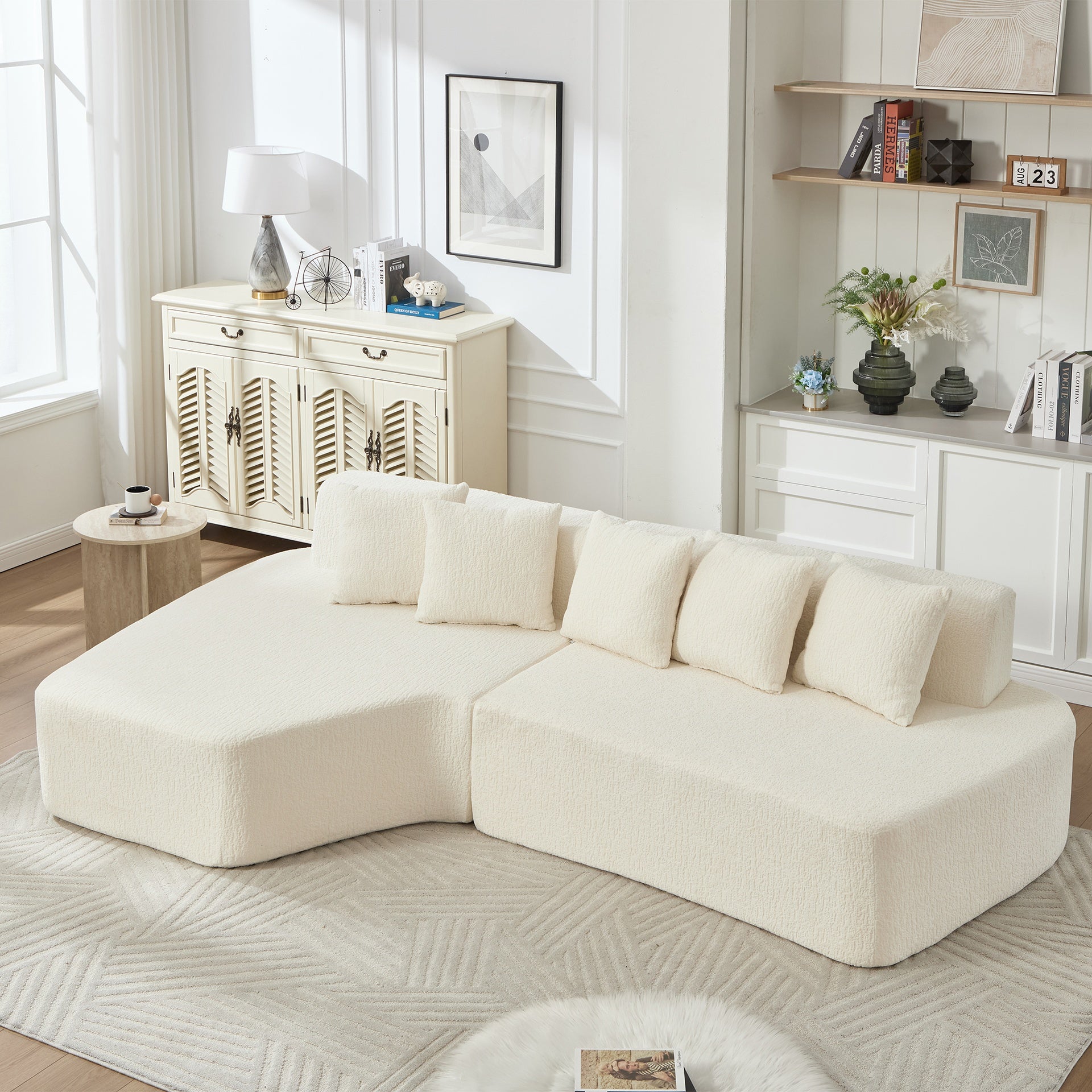 Compression Sectional Couch with Comfy Chaise,Irregular L-shaped compression sofa with deep seat, Minimalist Modular Couches Sleeper for Living Room Bedroom Apartment Lounge-WHITE
