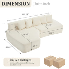 Compression Sectional Couch with Comfy Chaise,Irregular L-shaped compression sofa with deep seat, Minimalist Modular Couches Sleeper for Living Room Bedroom Apartment Lounge-WHITE