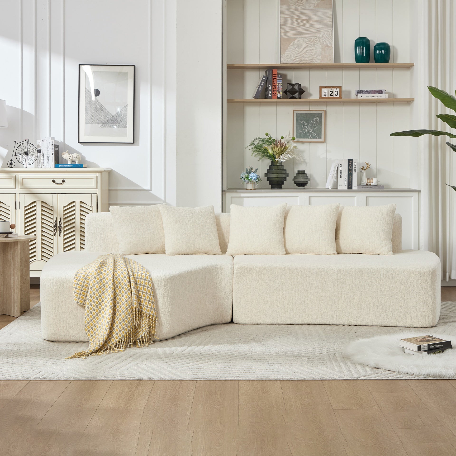 Compression Sectional Couch with Comfy Chaise,Irregular L-shaped compression sofa with deep seat, Minimalist Modular Couches Sleeper for Living Room Bedroom Apartment Lounge-WHITE