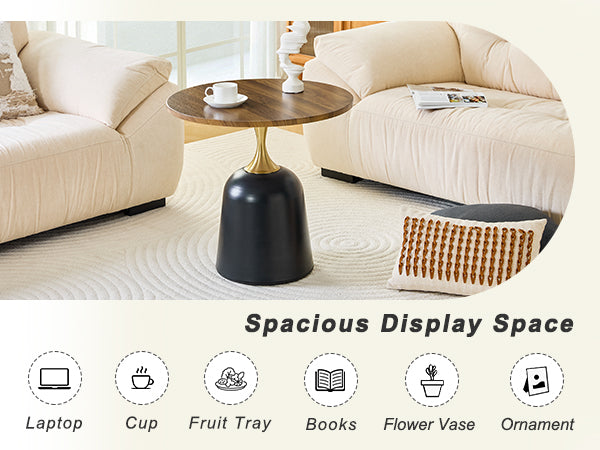 Small circular side table coffee table, metal base living room table, walnut wood grain minimalist modern decoration, unique circular sofa bedside office desk.