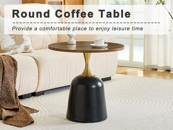 Small circular side table coffee table, metal base living room table, walnut wood grain minimalist modern decoration, unique circular sofa bedside office desk.