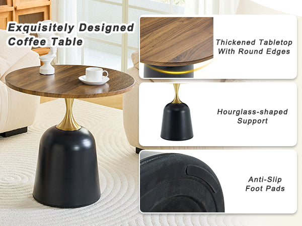 Small circular side table coffee table, metal base living room table, walnut wood grain minimalist modern decoration, unique circular sofa bedside office desk.