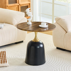 Small circular side table coffee table, metal base living room table, walnut wood grain minimalist modern decoration, unique circular sofa bedside office desk.