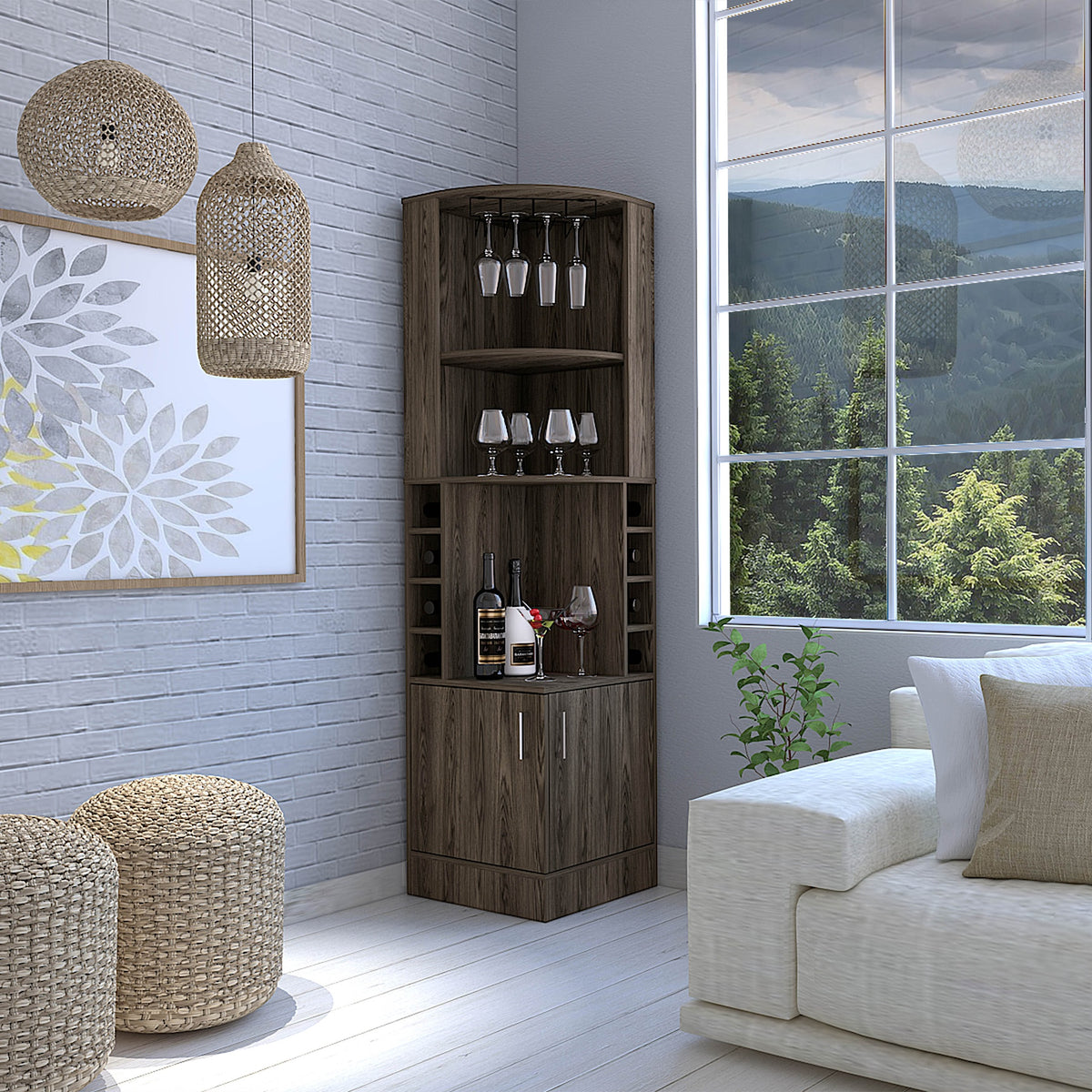 Syrah Corner Bar Cabinet, Two External Shelves Espresso