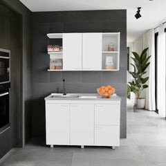Elica Kitchen Cabinet Set With Upper And Lower Storage, 4 Doors And Open Shelves, White