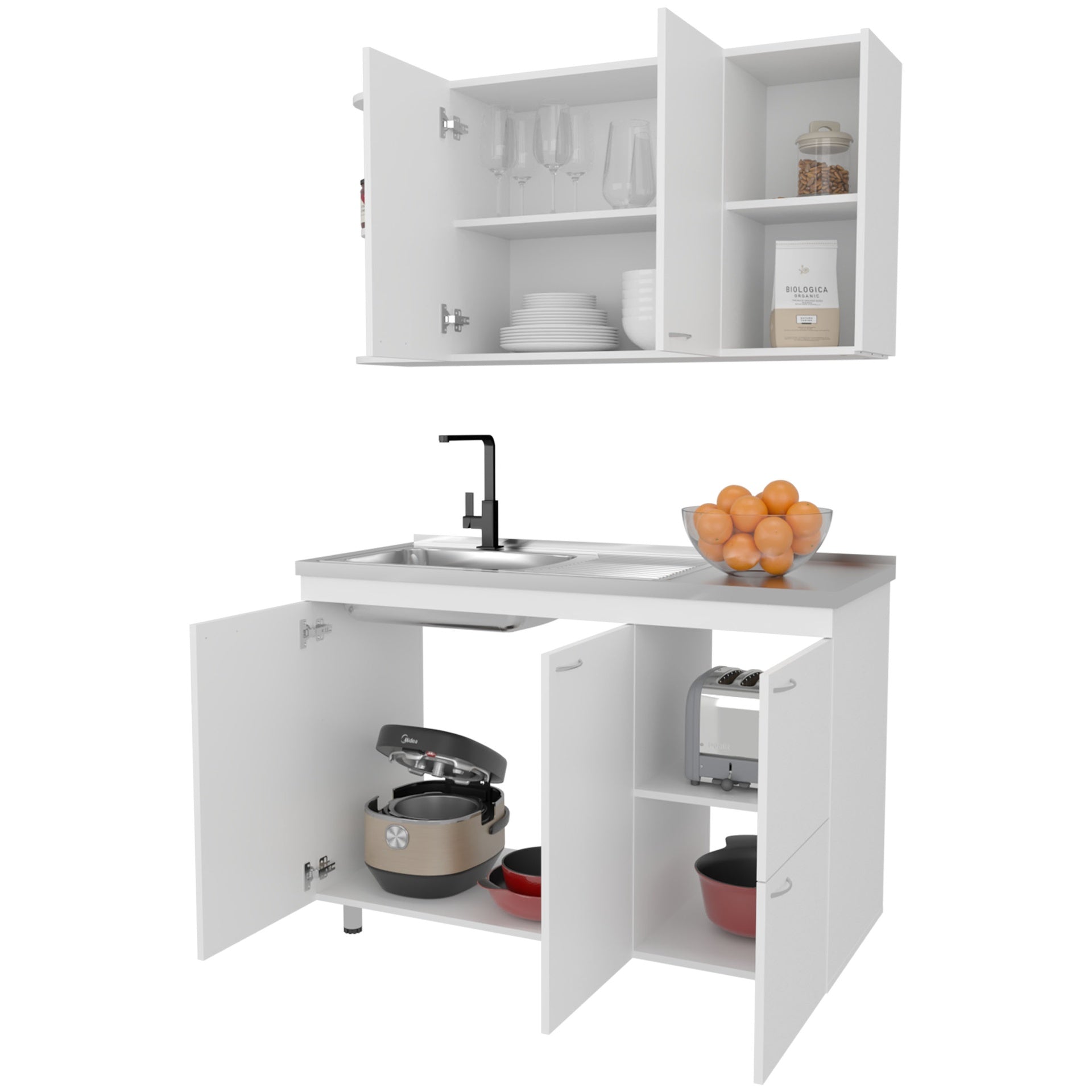 Elica Kitchen Cabinet Set With Upper And Lower Storage, 4 Doors And Open Shelves, White