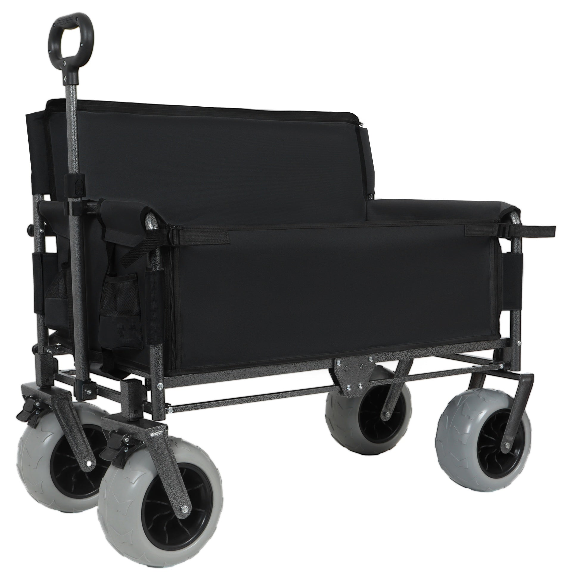 Folding Wagon with Bench Seat & 500 lbs Capacity-3-in-1 Collapsible Utility Cart with All-Terrain Beach Tires for Camping, Beach, Groceries, Outdoor, Black