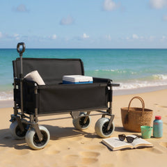 Folding Wagon with Bench Seat & 500 lbs Capacity-3-in-1 Collapsible Utility Cart with All-Terrain Beach Tires for Camping, Beach, Groceries, Outdoor, Black