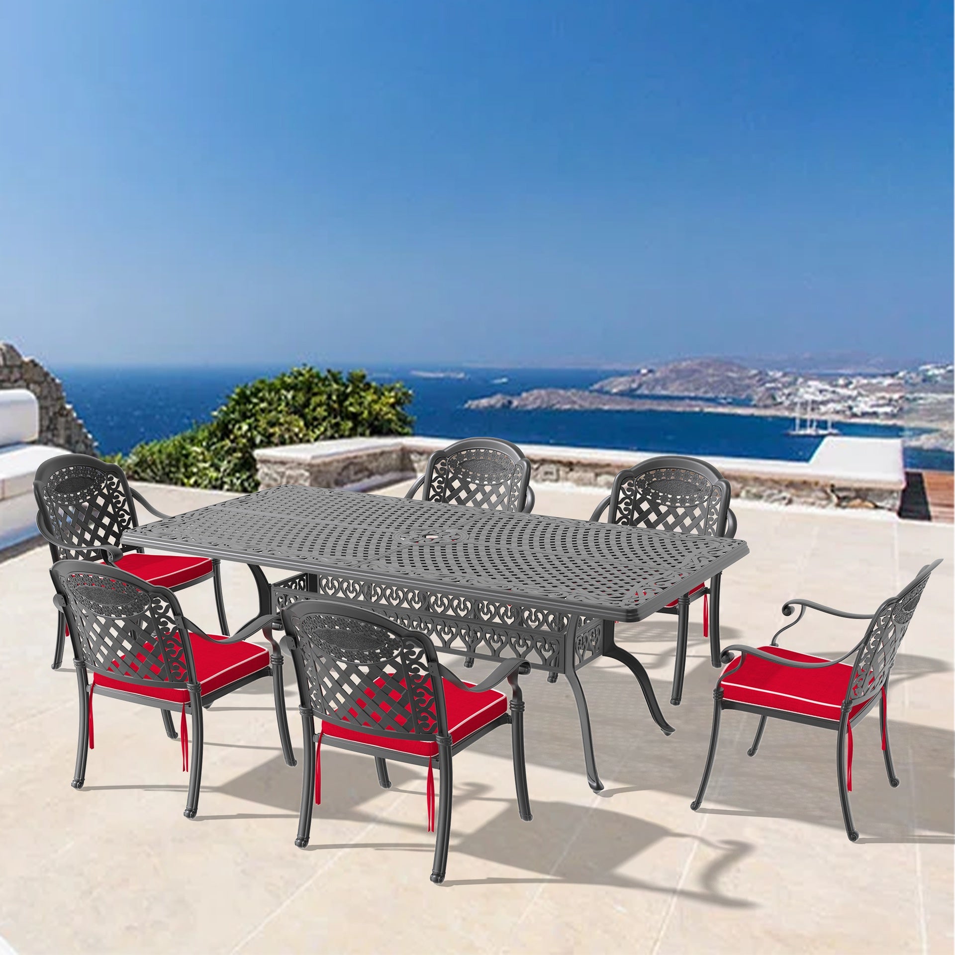 7-Piece Set Of Cast Aluminum Patio Furniture With Red Cushions (same as:W1710S00606)