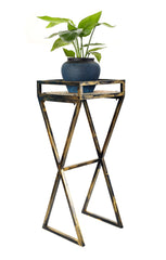 35.5" Gray Stone Slab Black / Gold Metal Plant Stand