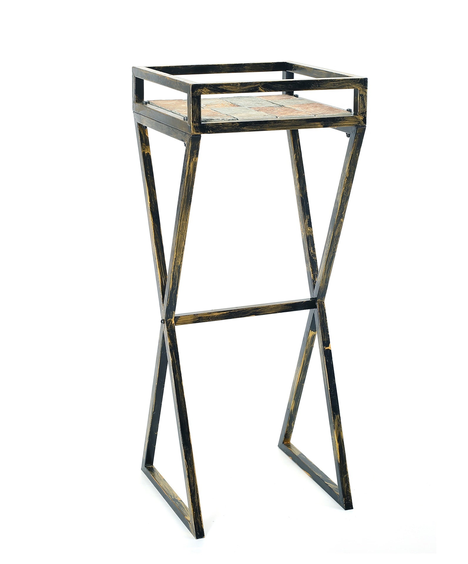 35.5" Gray Stone Slab Black / Gold Metal Plant Stand