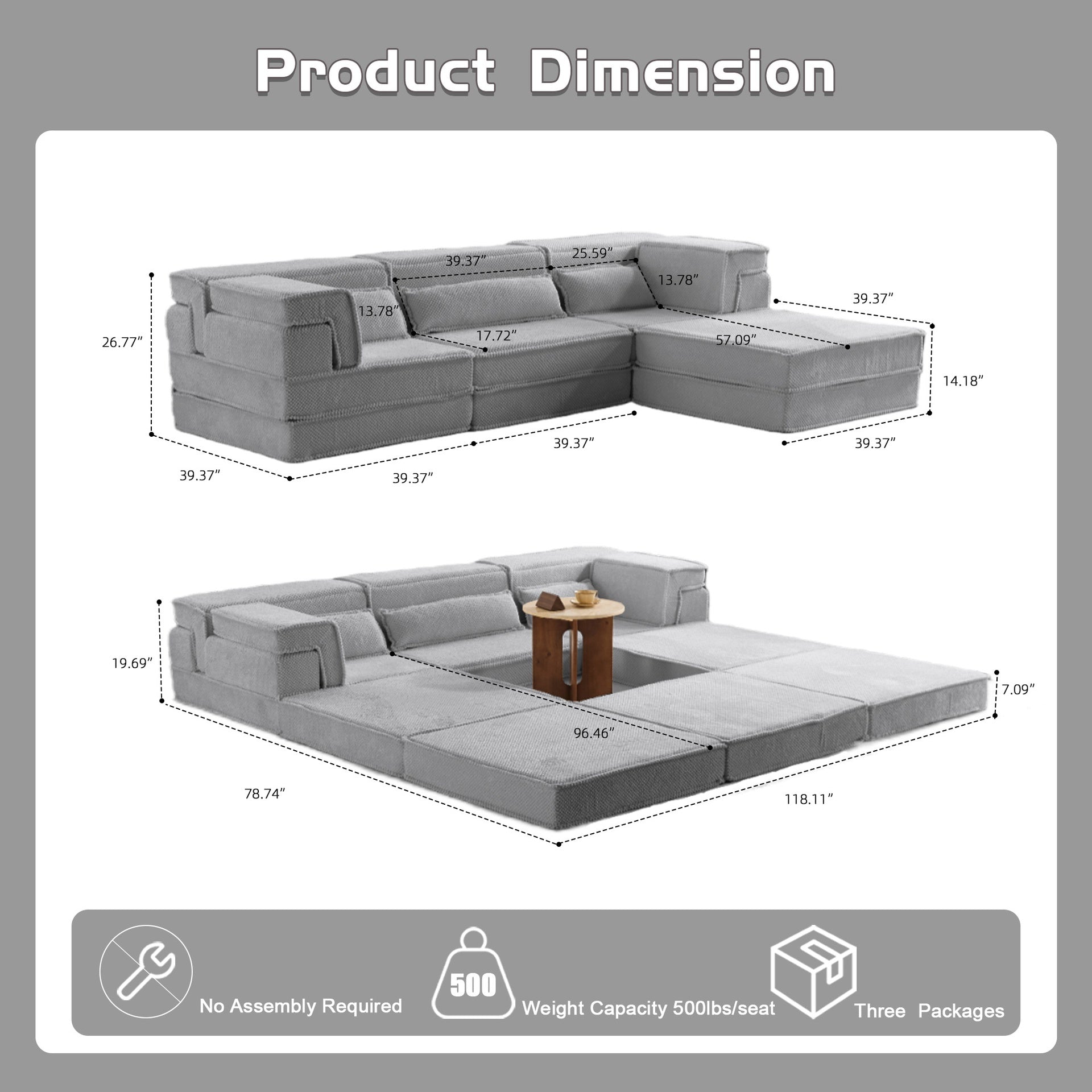 Compression Mahjong Sofa,Convertible Floor Sofa Bed,DIY Boneless Modular Sectional Sofa,No Assembly Required,Circle fleece fabric,Oversized 3 Seater with 1 Ottoman,Light-grey