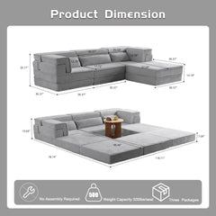 Compression Mahjong Sofa,Convertible Floor Sofa Bed,DIY Boneless Modular Sectional Sofa,No Assembly Required,Circle fleece fabric,Oversized 3 Seater with 1 Ottoman,Light-grey