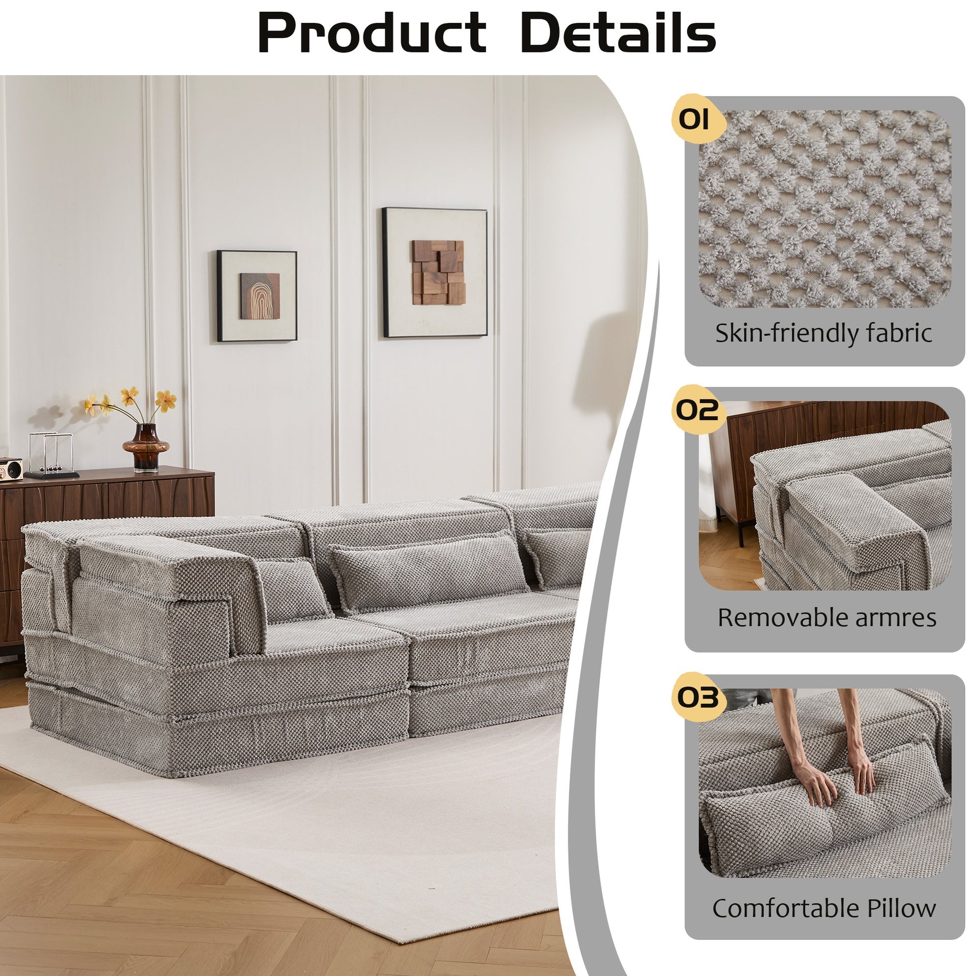 Compression Mahjong Sofa,Convertible Floor Sofa Bed,DIY Boneless Modular Sectional Sofa,No Assembly Required,Circle fleece fabric,Oversized 3 Seater with 1 Ottoman,Light-grey