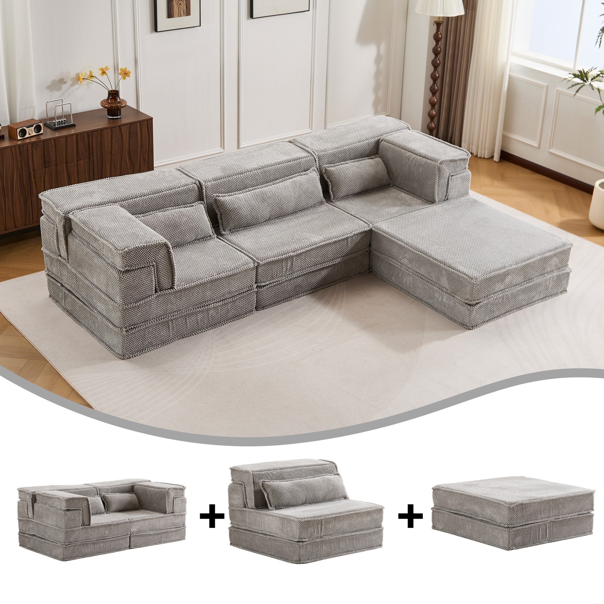 Compression Mahjong Sofa,Convertible Floor Sofa Bed,DIY Boneless Modular Sectional Sofa,No Assembly Required,Circle fleece fabric,Oversized 3 Seater with 1 Ottoman,Light-grey