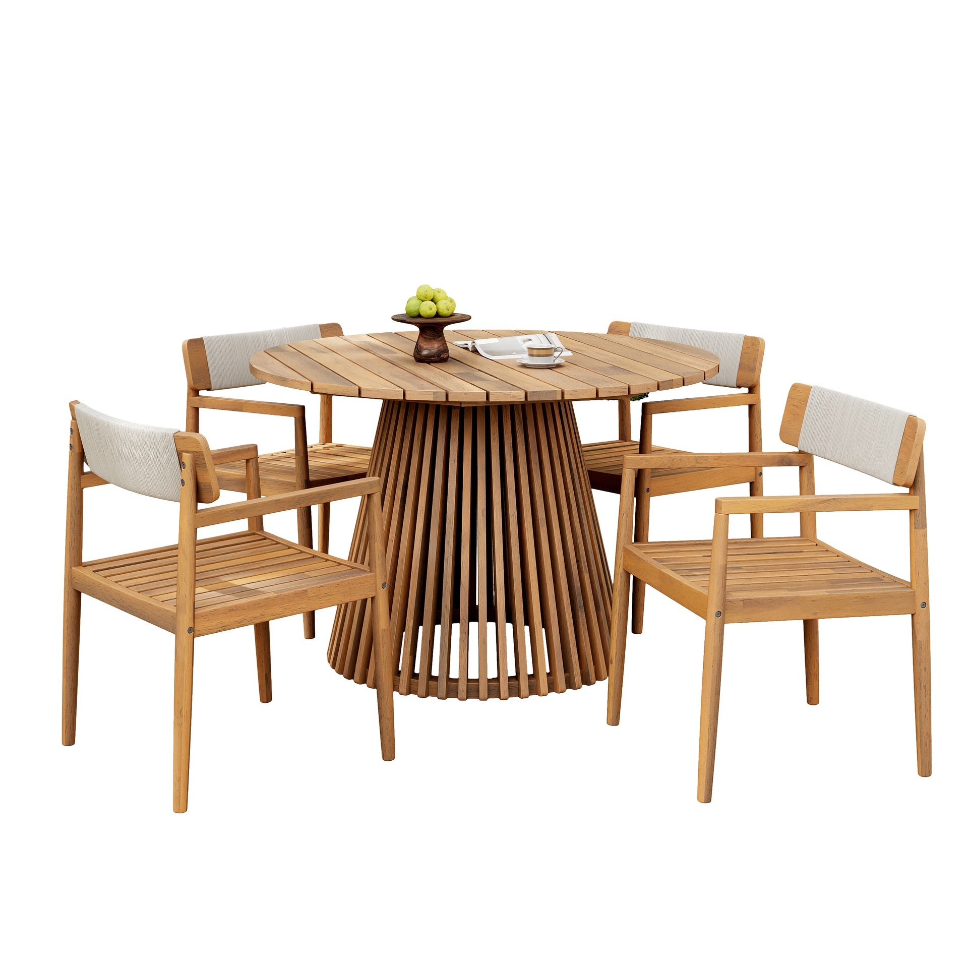 Patio Set Outdoor Acacia Wood Furniture Sets- Braided Dining Chairs Leisure Sets with Patio Dining Table for Garden, Patio & Deck (Teak Look & White Rope)