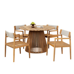 Patio Set Outdoor Acacia Wood Furniture Sets- Braided Dining Chairs Leisure Sets with Patio Dining Table for Garden, Patio & Deck (Teak Look & White Rope)