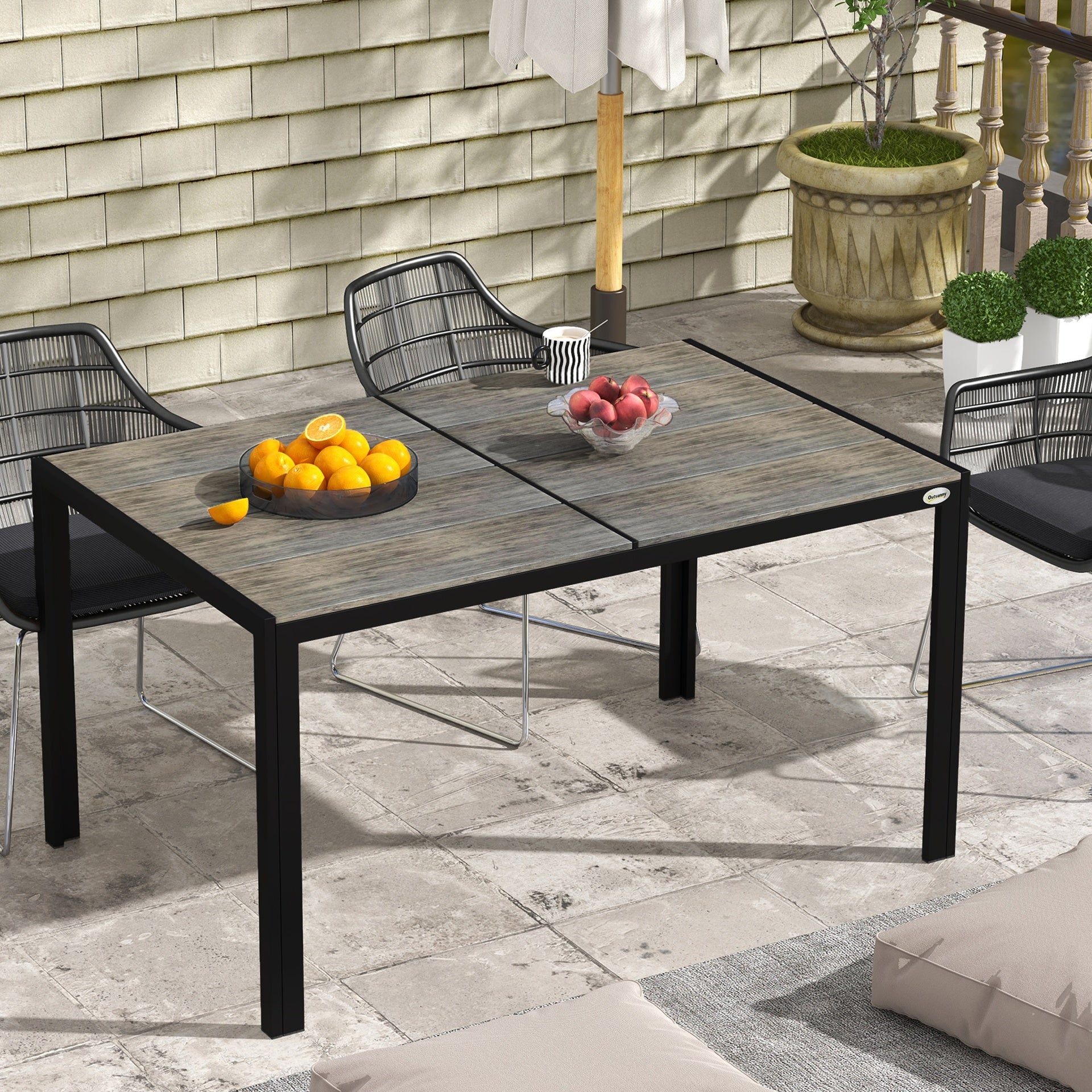 Outsunny Outdoor Dining Table for 6 People, Aluminum Rectangular Patio Table with Faux Wood Tabletop for Backyard, Lawn, Balcony,  Poolside, 55" x 35.5", Gray