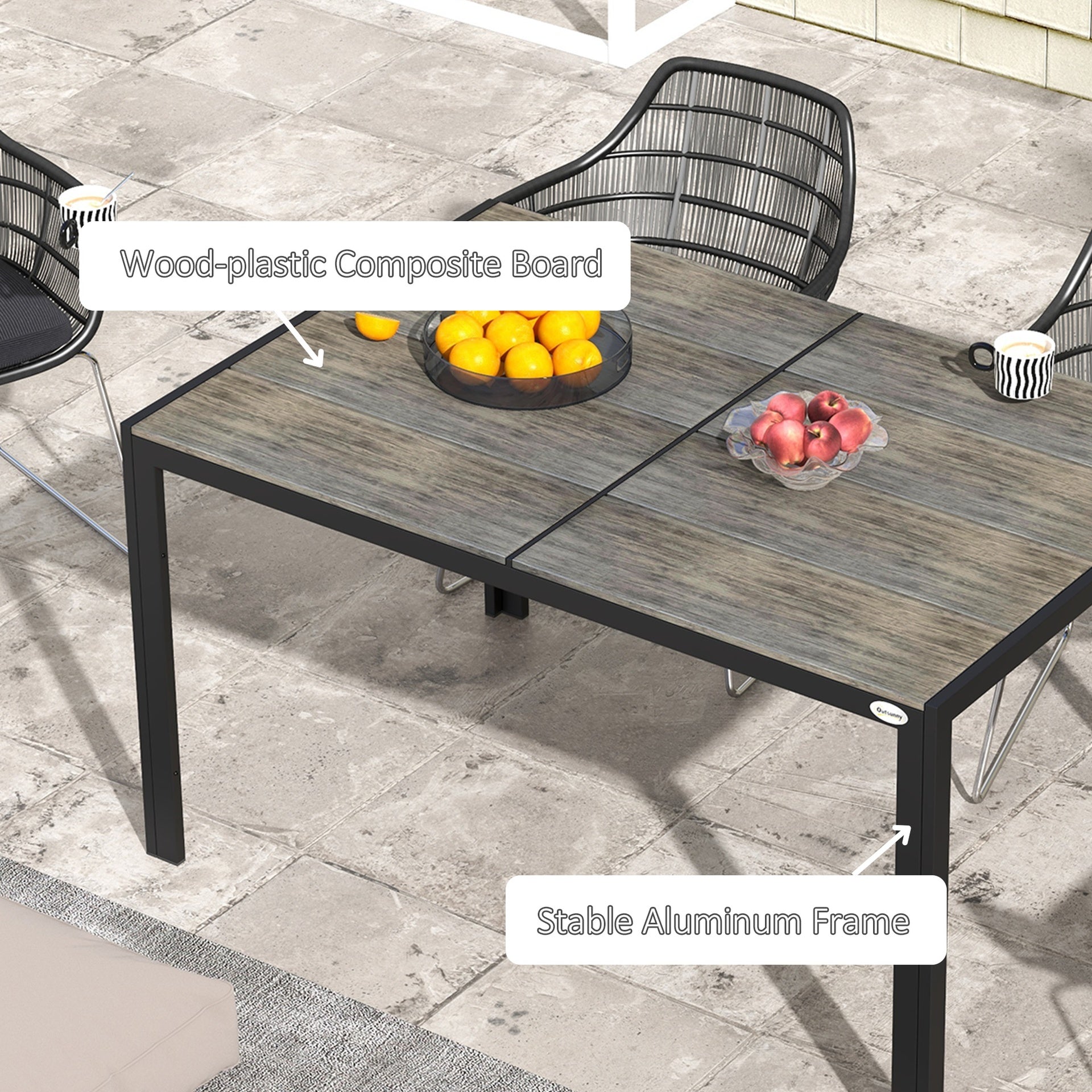 Outsunny Outdoor Dining Table for 6 People, Aluminum Rectangular Patio Table with Faux Wood Tabletop for Backyard, Lawn, Balcony,  Poolside, 55" x 35.5", Gray