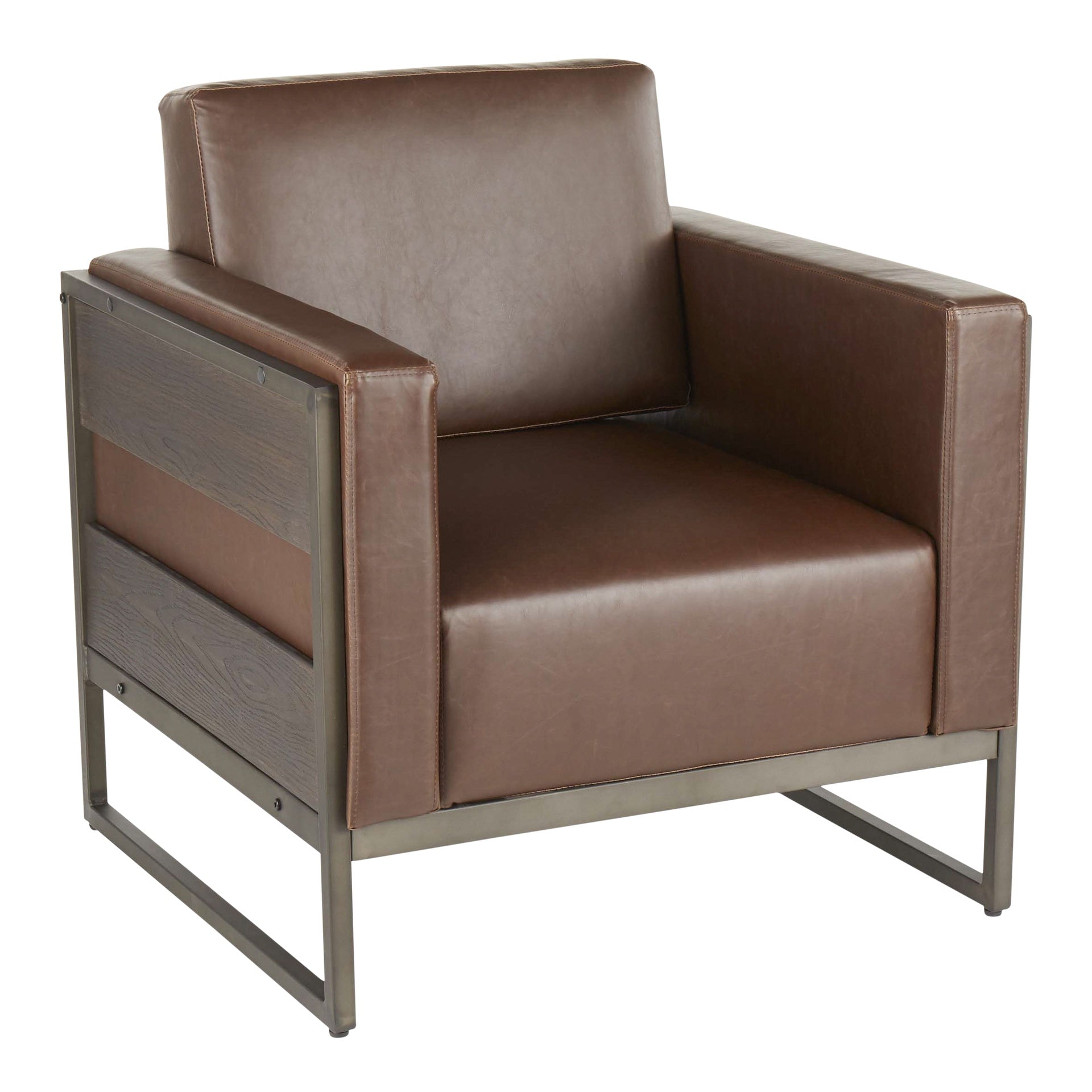 Drift Industrial Lounge Chair in Antique Metal with Brown Faux Leather and Espresso Wood by LumiSource