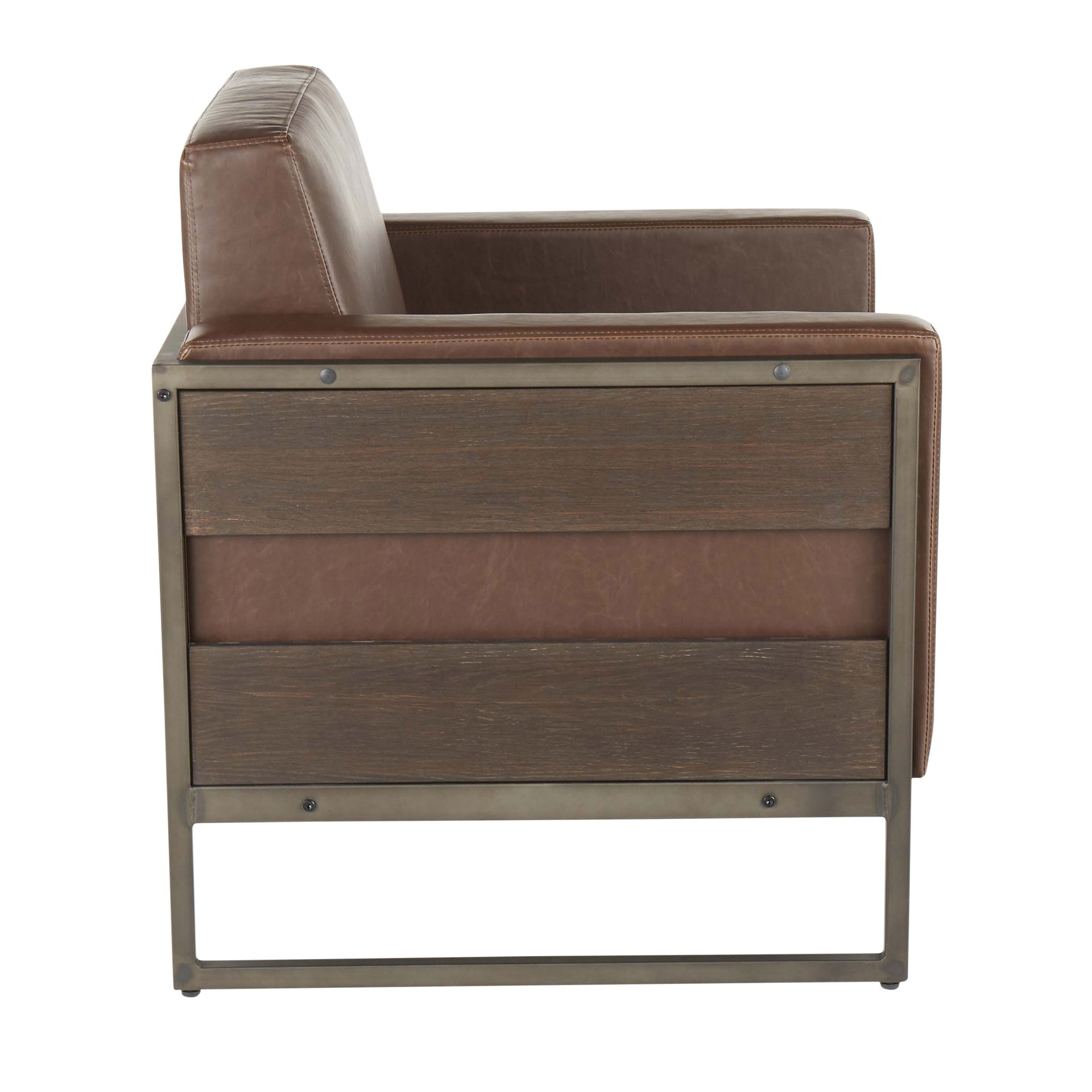 Drift Industrial Lounge Chair in Antique Metal with Brown Faux Leather and Espresso Wood by LumiSource
