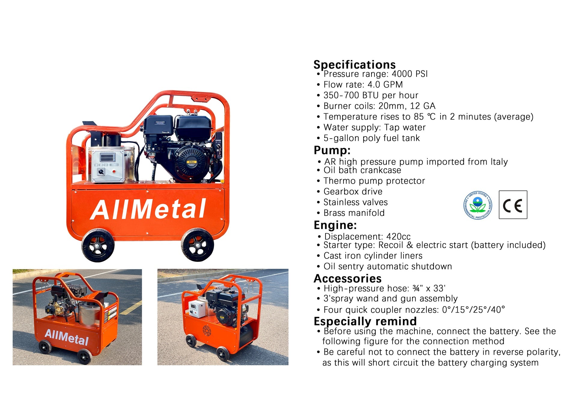 Commercial Hot Water Portable Pressure Power Washer - 4.0GPM, 4000PSI