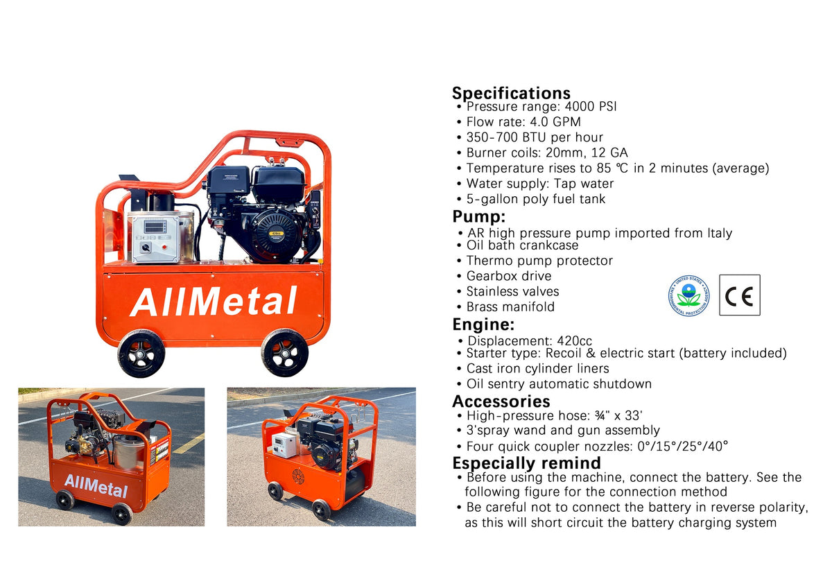 Commercial Hot Water Portable Pressure Power Washer - 4.0GPM, 4000PSI