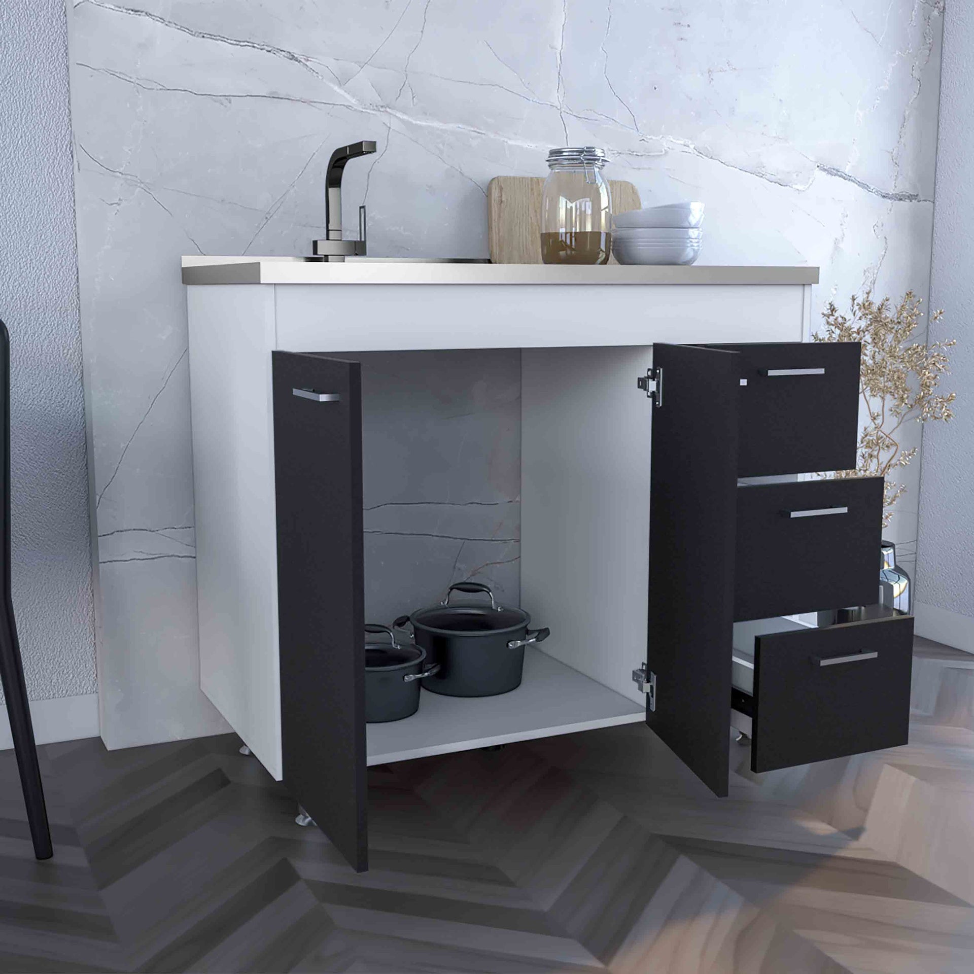 Base Double Door Cabinet, Three Drawers, White / Black