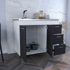 Base Double Door Cabinet, Three Drawers, White / Black