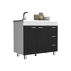 Base Double Door Cabinet, Three Drawers, White / Black