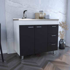 Base Double Door Cabinet, Three Drawers, White / Black