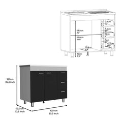 Base Double Door Cabinet, Three Drawers, White / Black