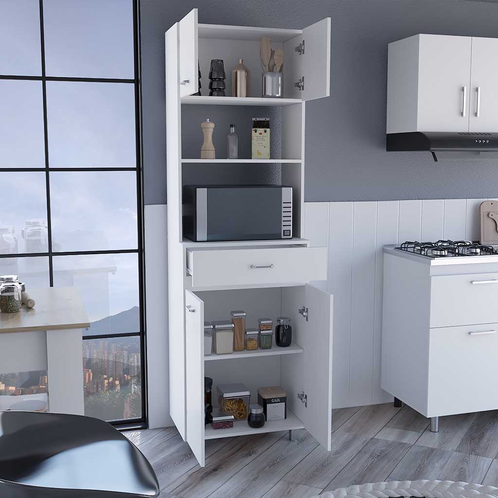 Microwave Double Door Cabinet, One Drawer, One Shelf For Microwave, White