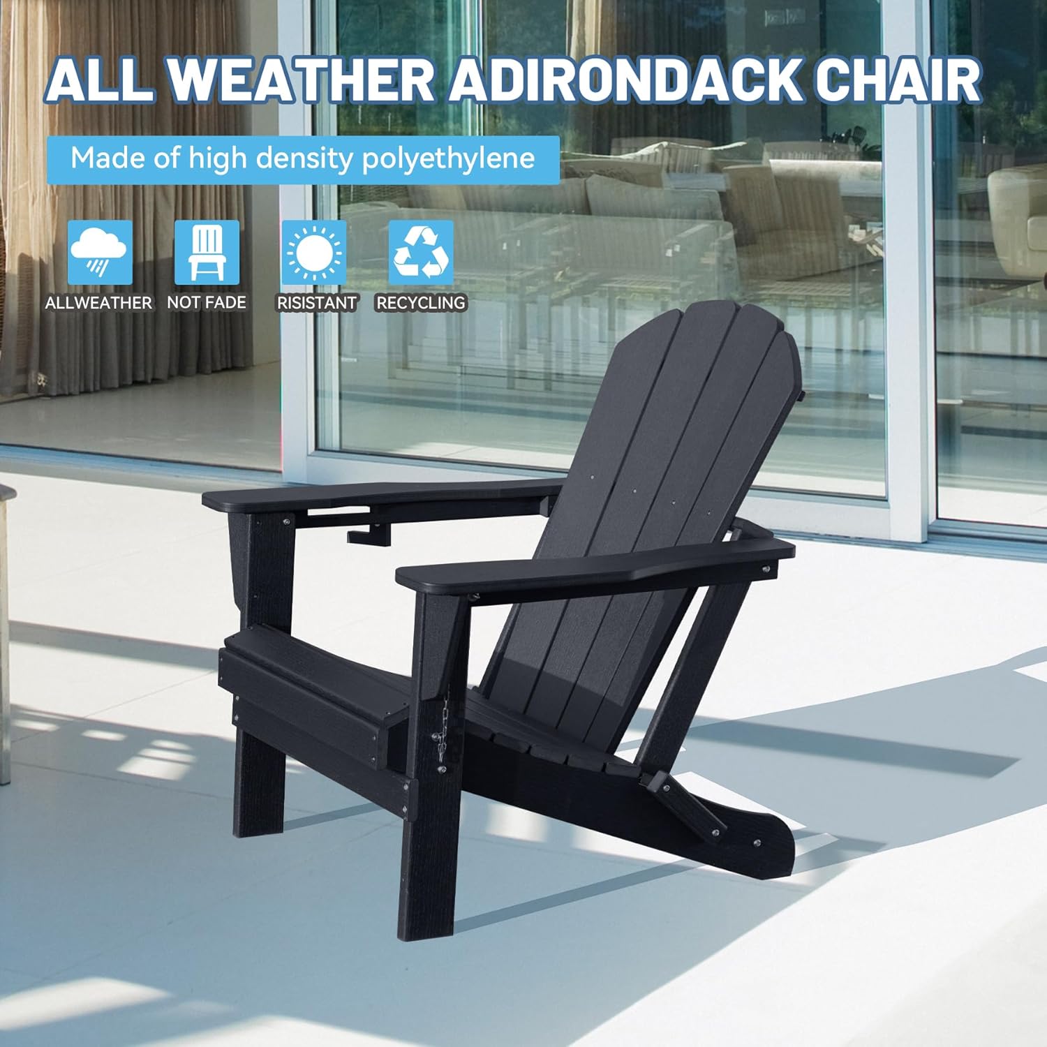 Adirondack Chair, Plastic Adirondack Chairs, HDPE Adirondack Chair, Folding Adirondack Chairs,Outdoor Chairs with Cup Holder for Lawn Patio Deck Fire Pit -Black