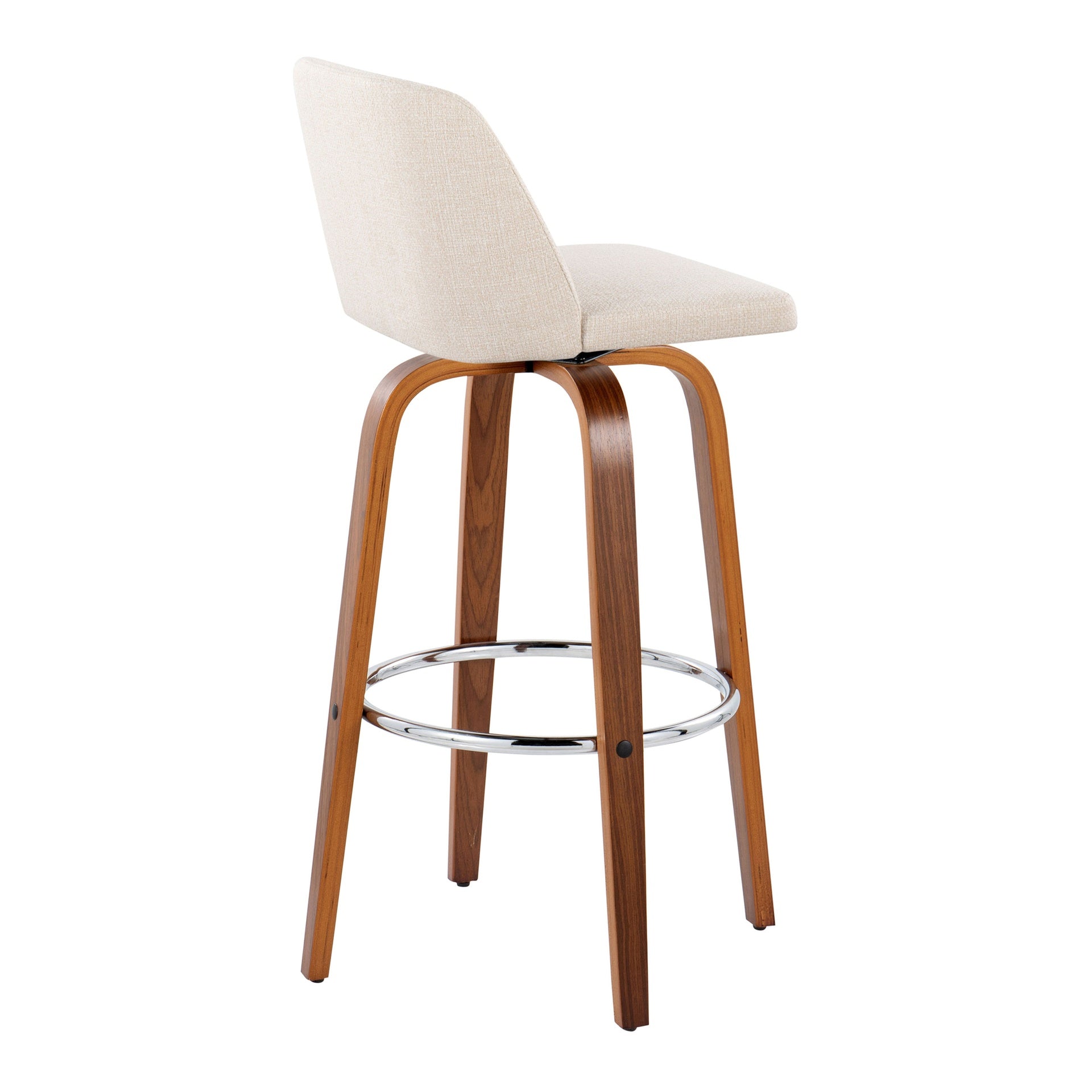 Toriano 30" Mid-Century Modern Fixed-Height Barstool with Swivel in Walnut Wood and Cream Noise Fabric with Round Chrome Metal Footrest by LumiSource - Set of 2