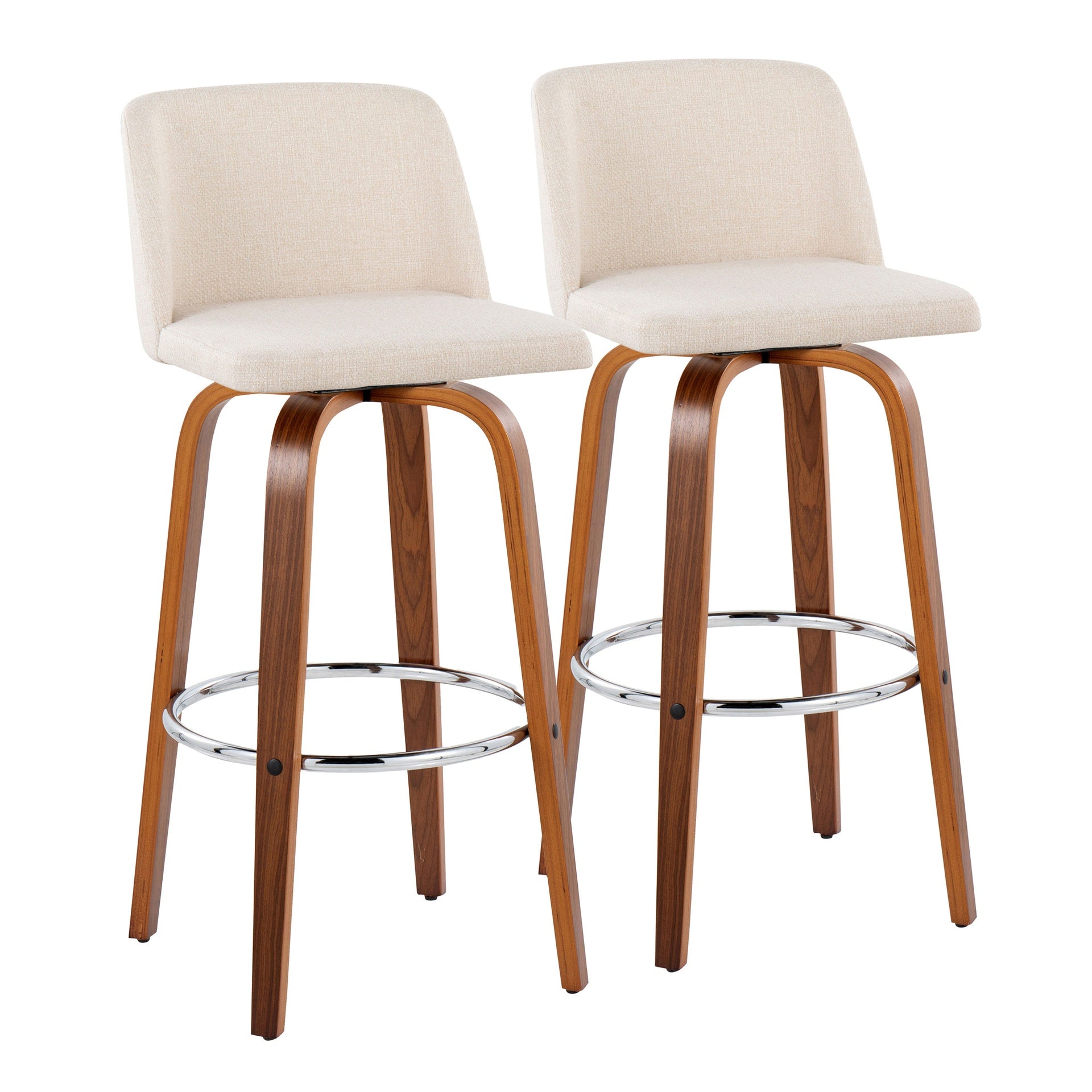 Toriano 30" Mid-Century Modern Fixed-Height Barstool with Swivel in Walnut Wood and Cream Noise Fabric with Round Chrome Metal Footrest by LumiSource - Set of 2