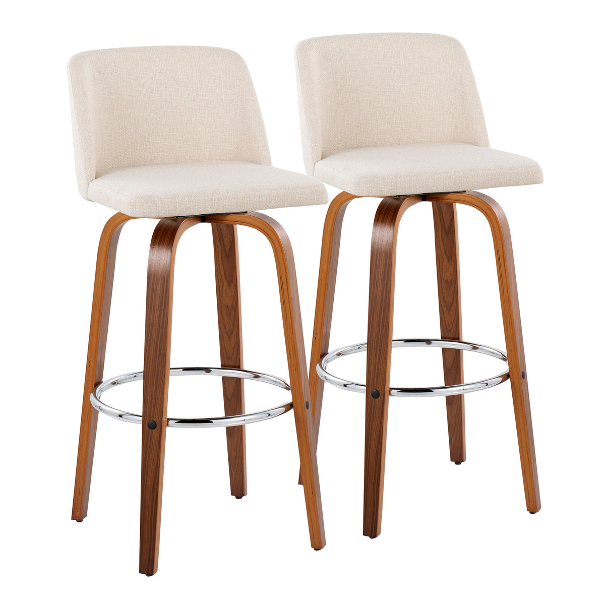 Toriano 30" Mid-Century Modern Fixed-Height Barstool with Swivel in Walnut Wood and Cream Noise Fabric with Round Chrome Metal Footrest by LumiSource - Set of 2