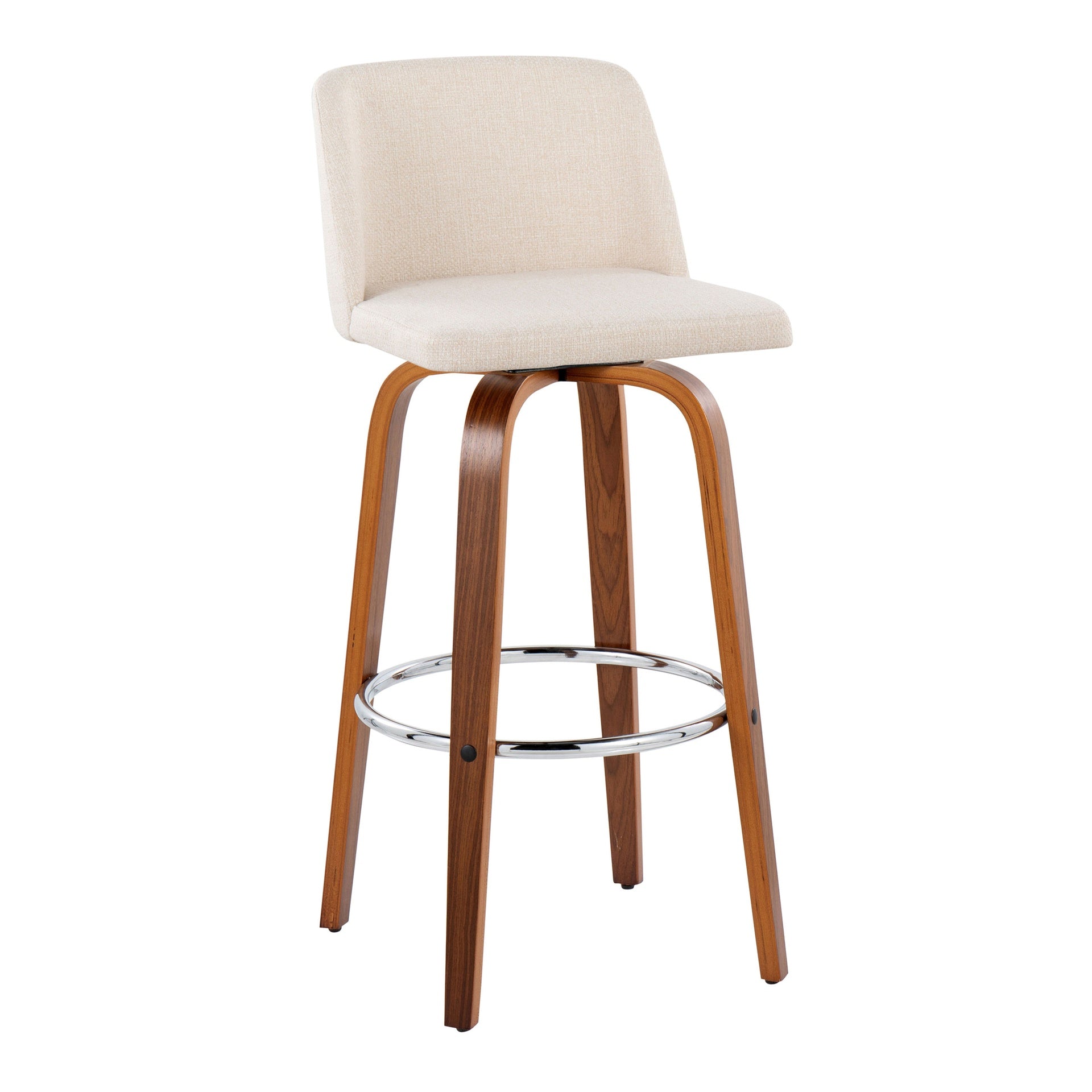 Toriano 30" Mid-Century Modern Fixed-Height Barstool with Swivel in Walnut Wood and Cream Noise Fabric with Round Chrome Metal Footrest by LumiSource - Set of 2