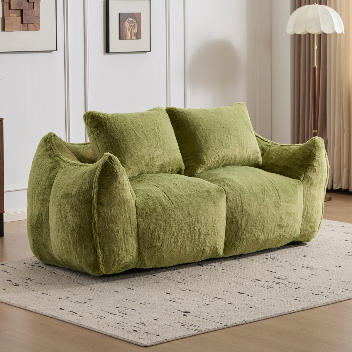 Giant Bean Bag Couch for Adults, Ultra Soft Fluffy Loveseat Bean Bag Sofa, Oversized Chase Lounge Chair Indoor for Living Room Bedroom, No Assembly Required Cozy Reading Chair with Pillows, Green