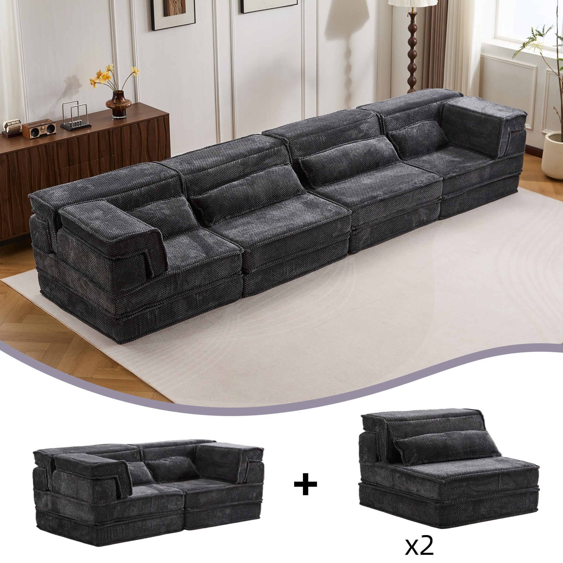 Compression Mahjong Sofa,Convertible Floor Sofa Bed,DIY Boneless Modular Sectional Sofa,No Assembly Required,Circle fleece fabric,Oversized 4 Seater with 4 Pillows,Dark-grey