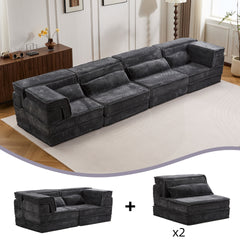 Compression Mahjong Sofa,Convertible Floor Sofa Bed,DIY Boneless Modular Sectional Sofa,No Assembly Required,Circle fleece fabric,Oversized 4 Seater with 4 Pillows,Dark-grey