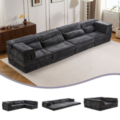 Compression Mahjong Sofa,Convertible Floor Sofa Bed,DIY Boneless Modular Sectional Sofa,No Assembly Required,Circle fleece fabric,Oversized 4 Seater with 4 Pillows,Dark-grey