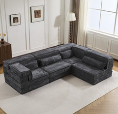 Compression Mahjong Sofa,Convertible Floor Sofa Bed,DIY Boneless Modular Sectional Sofa,No Assembly Required,Circle fleece fabric,Oversized 4 Seater with 4 Pillows,Dark-grey