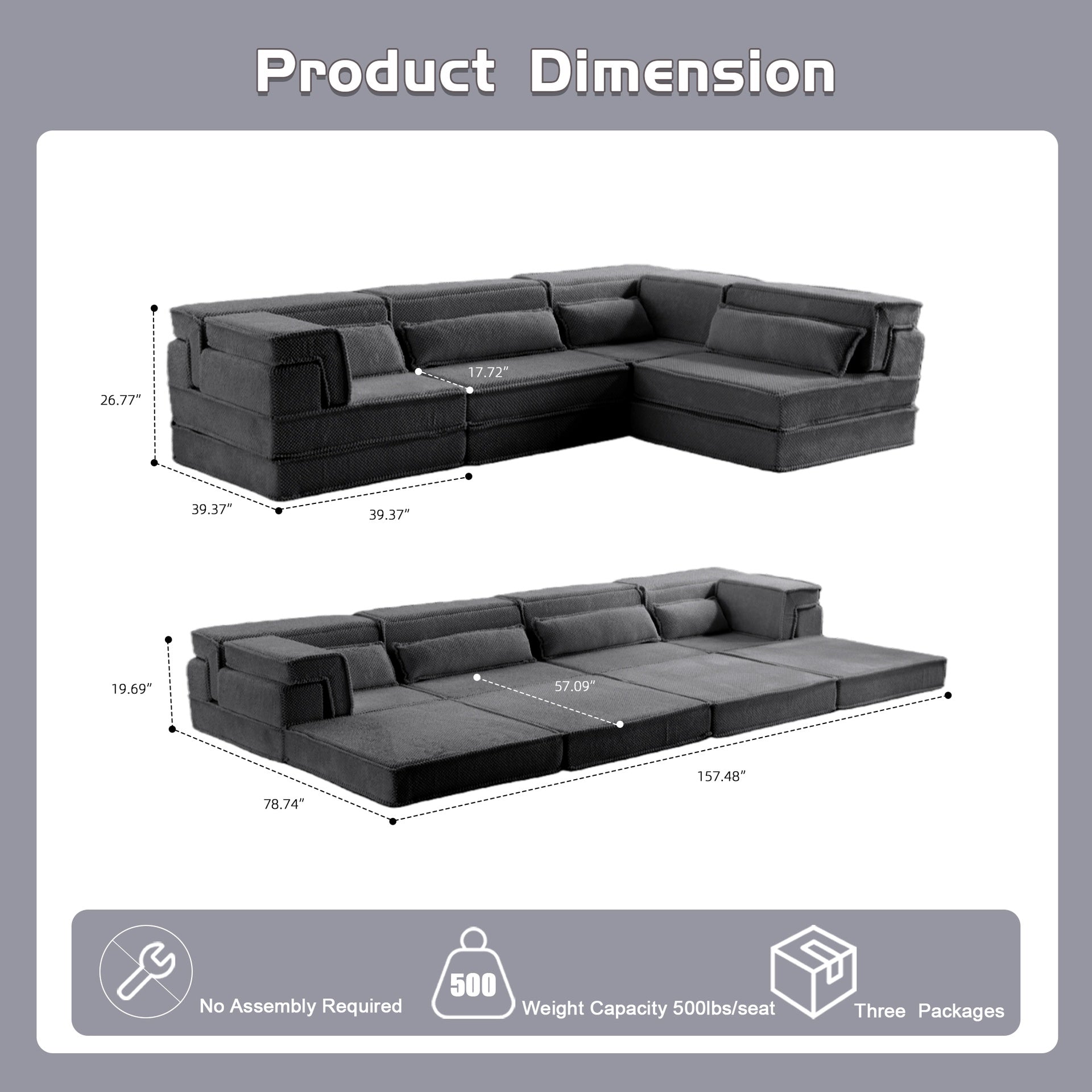 Compression Mahjong Sofa,Convertible Floor Sofa Bed,DIY Boneless Modular Sectional Sofa,No Assembly Required,Circle fleece fabric,Oversized 4 Seater with 4 Pillows,Dark-grey